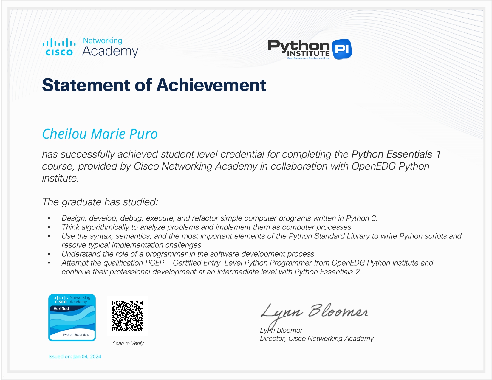 Python Essentials 1 Certificate